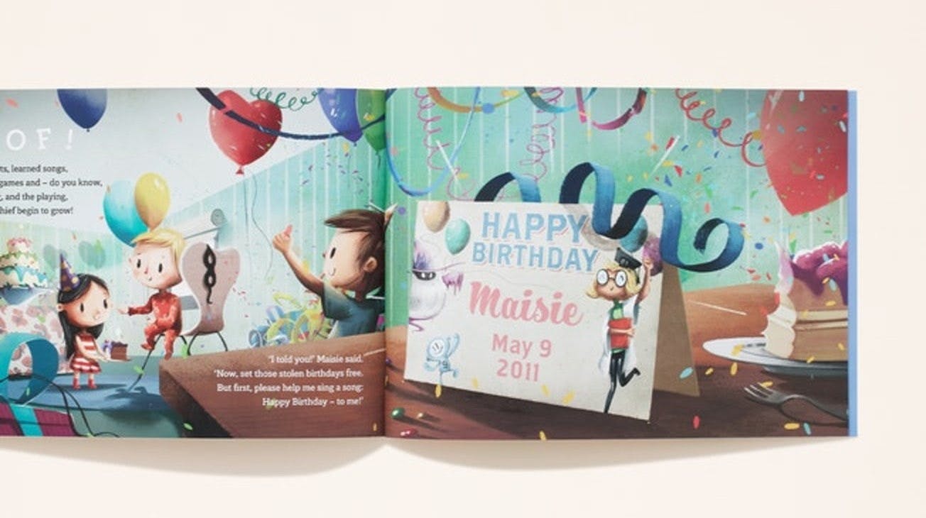 A double page spread of your name written in a personalised card with your date of birth