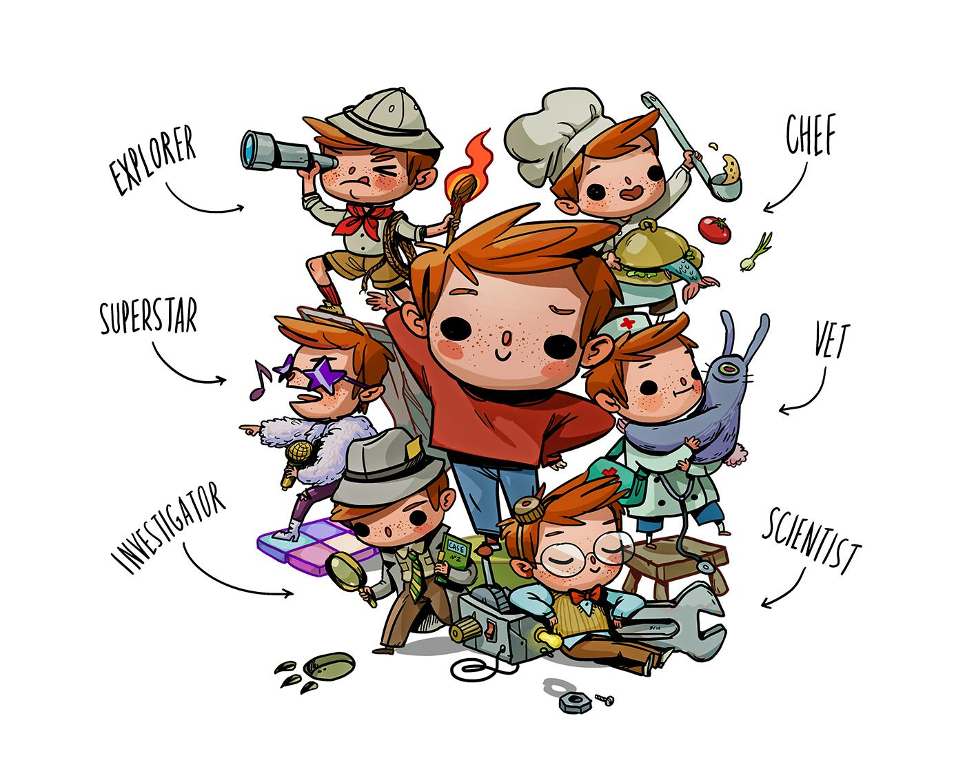 An image of a child as an explorer, chef, superstar, vet, investigator and a scientist